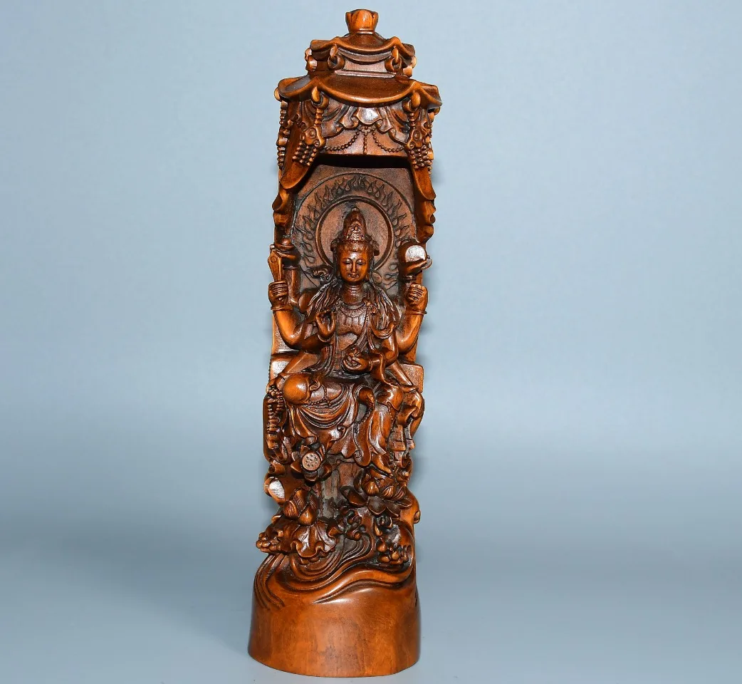 

7"Tibetan Temple Collection Old Boxwood Six armed Guanyin Sitting Buddha Amitabha Buddhist Niche Worship Hall Town house