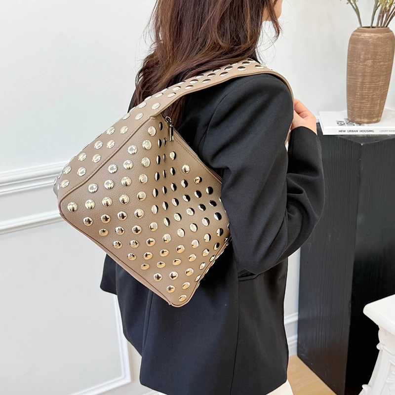 High Quality Solid PU Versatile Small Square Bag Sewing Thread Concise Women's Handbag Youth Rivet Decoration Sweet Shoulder Bag