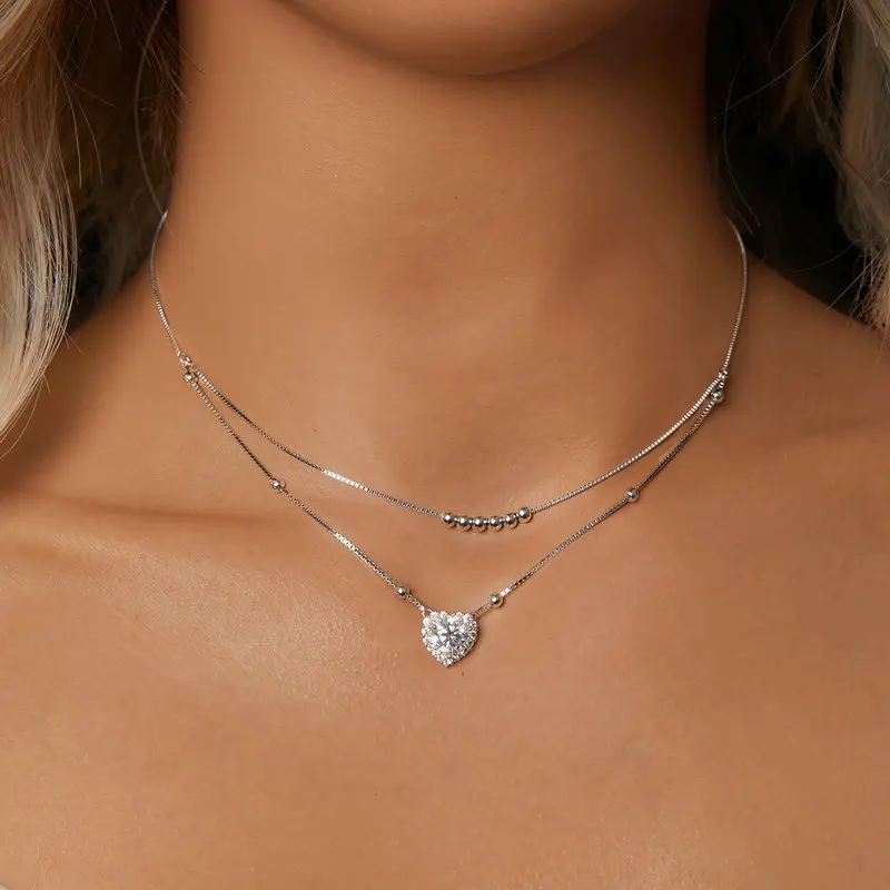 

Bamoer U 1CT Heart Moissanite Necklace Unique Double-layer Box Chain with Beads Design Certified Necklace Women Fine Jewelry