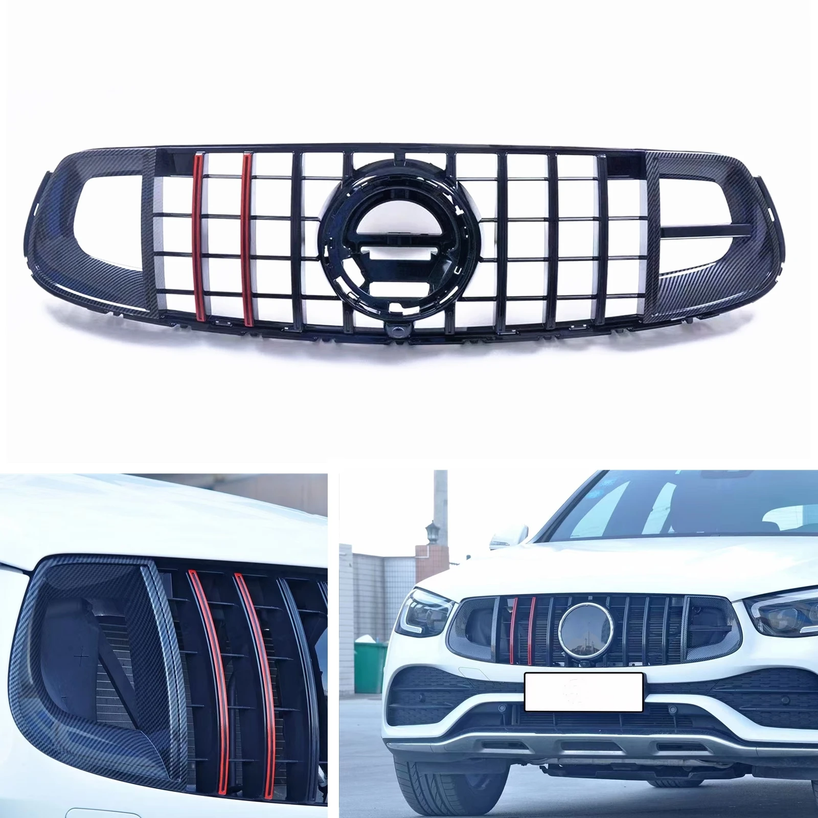 Front Grille Grill For Mercedes Benz W253 X253 GLC Coupe GLC300 2020-2022 GLC63 AMG Car Upper Bumper Hood Mesh Grid Black+Red