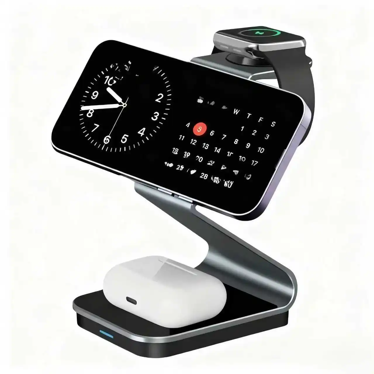 شاحن لاسلكي متعدد الأجهزة 3 في 1 بقدرة 15 وات لساعة Magsafe iPhone 17 16 Apple Watch 10 9 مع حامل هاتف