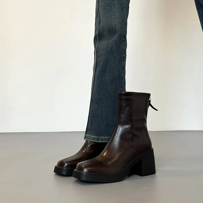 Women's Platform Chelsea Shorts Boots Spring Autumn Square Round Toe Zipper Ankle Boots Waterproof Mid High Heels Botas De Mujer view 5