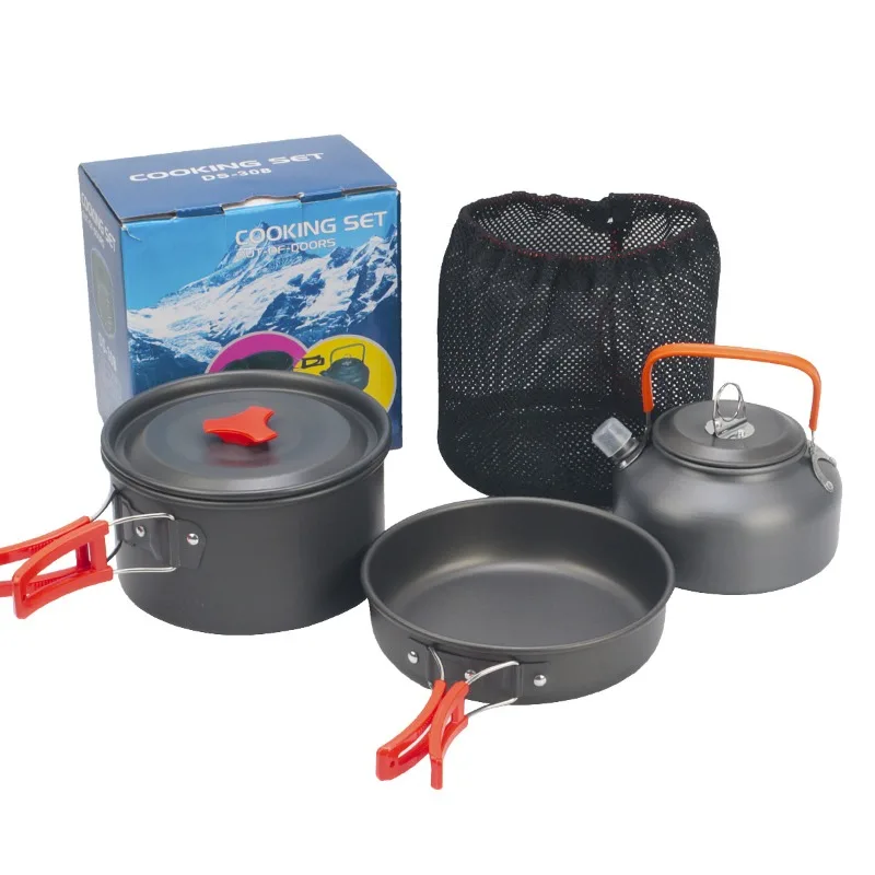 Outdoor camping 2-3 person set pot plus teapot combination aluminum pot portable camping set pot combination