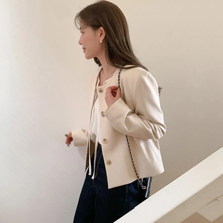 

Korean Style Short Pure Color round Neck Single Button Casual Jacket Women's Spring Summer New Simple Top Polyester Fiber