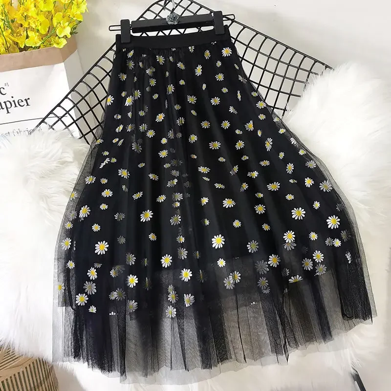 Skirts Women Tender Sweet Korean Style Printed Lady Mesh Ins Classy All-match College Elegant Popular Lovely Girls Stylish Charm