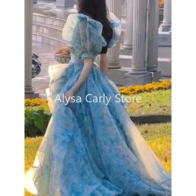 CyElegant 프린세스 플로럴 미디 드레스 여성 퍼프 슬리브 캐주얼 페어리 쉬폰 드레스 2025 겨울 저녁 한국 파티 로리타 드레스