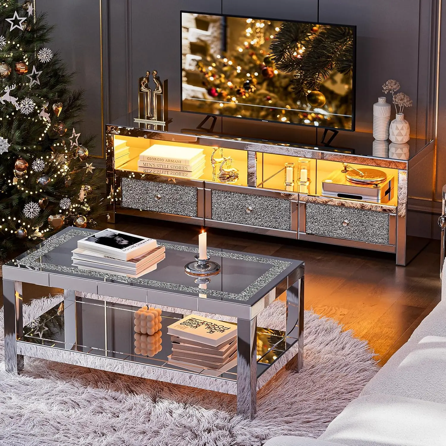 Silver Mirrored TV Stand with LED Light, 3 Drawers & 2 Open Shelves for Living Room up to 65