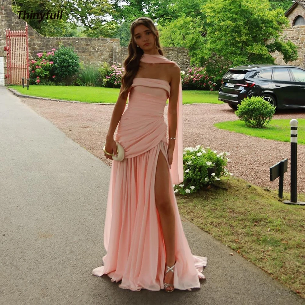 

Thinyfull Chiffon A-line Prom Dress Sleeveless Strapless Pleated Evening Dresses Holiday Style Gown Robe De Soirée Customized