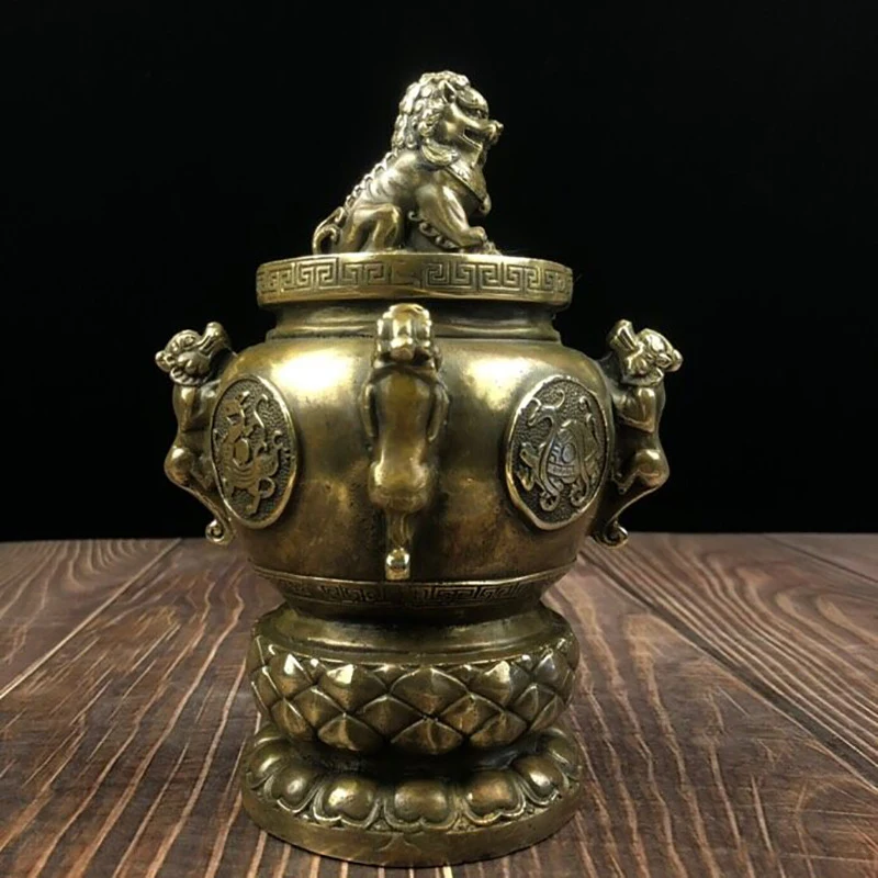 Four Divine Beijigong Lion Pixiu , Antique Brass Jar, Home Living Room Decoration
