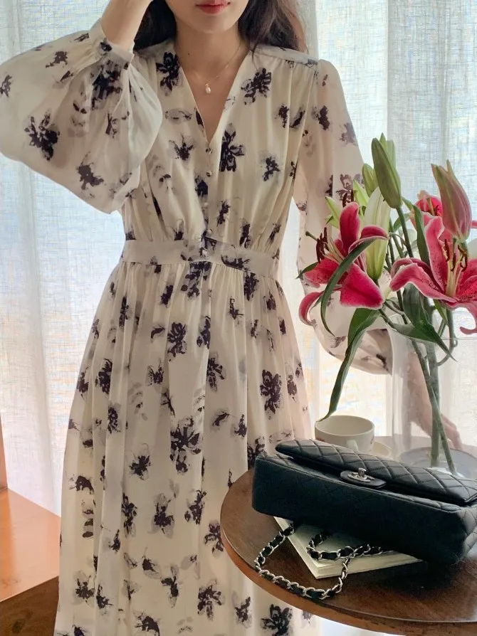 Floral Print A-Line Long Dress Casual V-Neck Slimming Waist Long Sleeve Women's Early Autumn New Style City Commute Suitable