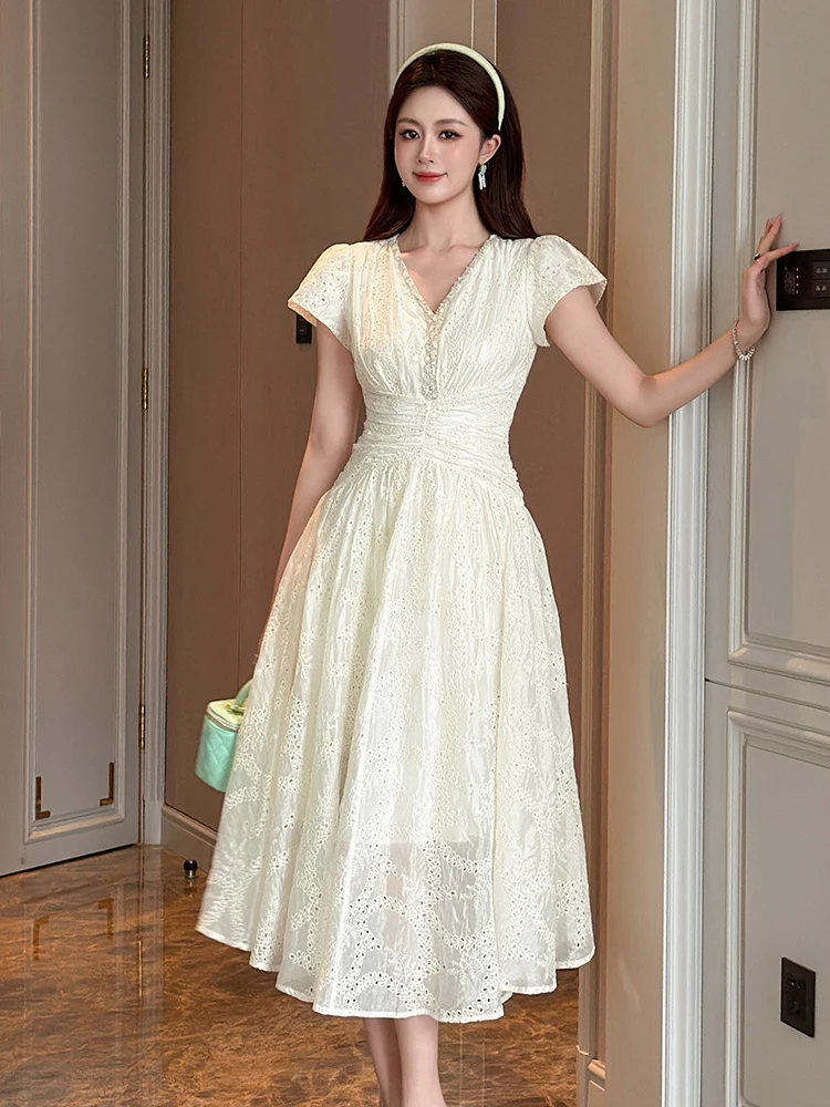 

Новое летнее женское платье миди с цветочной вышивкой и v-образным вырезом, элегантное вечернее платье, вечерний халат, женский повседневный модный платье