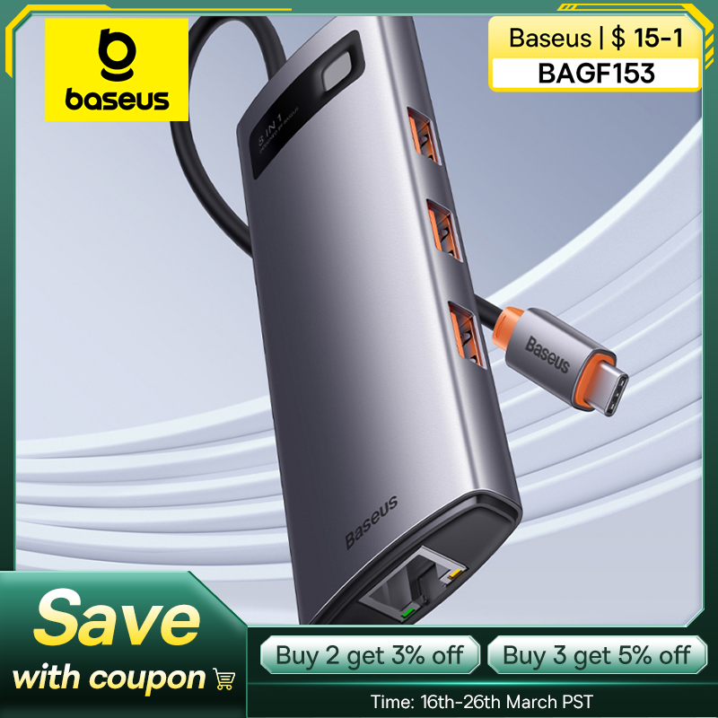 Baseus 8-in-1 USB C HUB to HDMI 4K@60Hz Type-C USB3.0 Adapter PD 100W RJ45 SD TF Docking Station Hub
