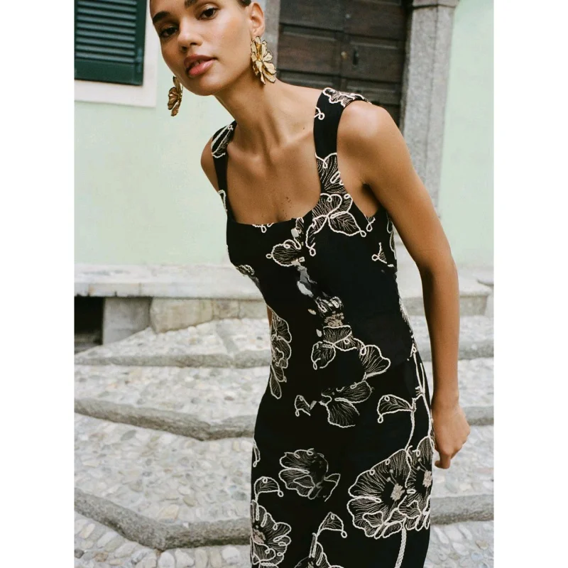 

Summer New Women's Casual Sle Square Collar Svel Patchwork Floral Embroidery One-Piece Pants High Waist Long Legs