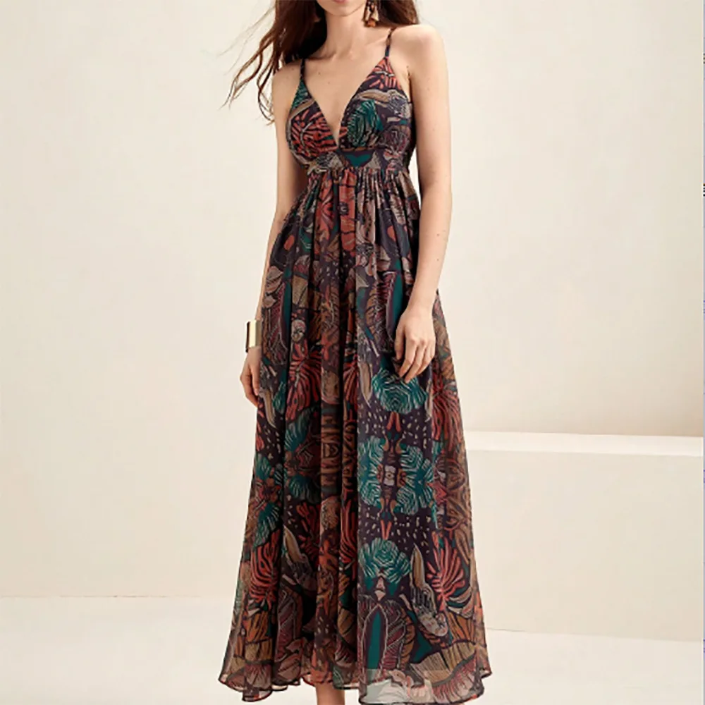 Summer New Women's French Elegant Vacation Style Dress with Printed V-neck Seaside Suspender Long Skirt