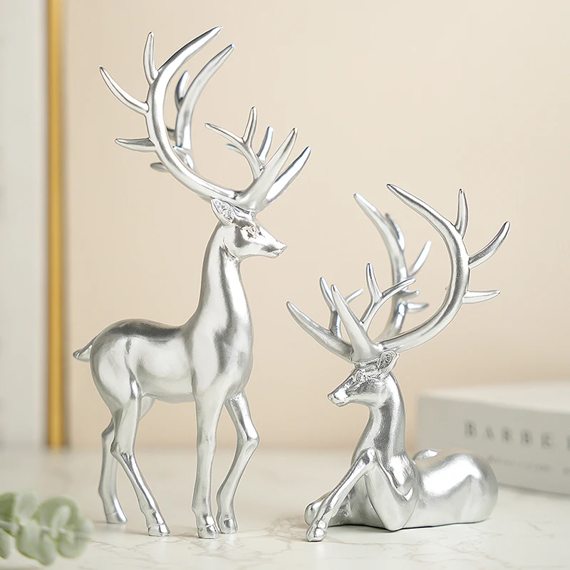 Christmas Decorations Reindeer Figurines Silver 2 Pcs Resin Deer Statues Christmas Table Decorations for Home Decor Supplies