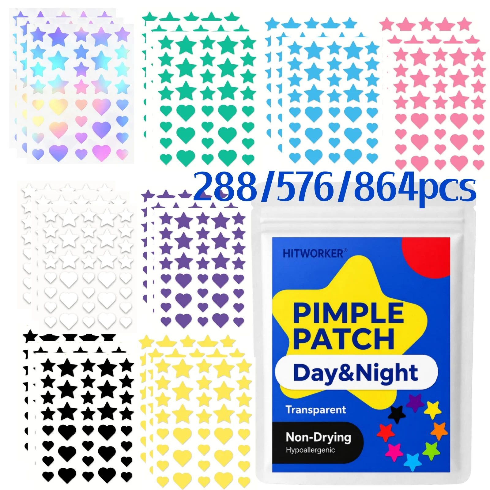 288/576/864 Count Colorful Pimple Patches, Star & Heart Hydrocolloid Face Cover Stickers, Cute Invisible Skin Care Patches, Ultr