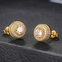 Luxury Steampunk Trend Jewellery For Women Iced Out Zircon Hip Hop Men Piercings Stud Earrings Round Gold Color Wholesale OHE003