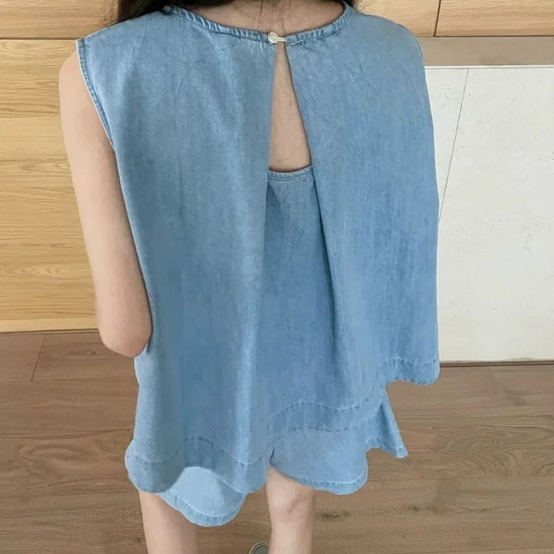 

Women's Cute Trendy 2 Pc Set Girls Denim Vest with Design Back and Stretchy Shorts for Summer 2026 Slim Look