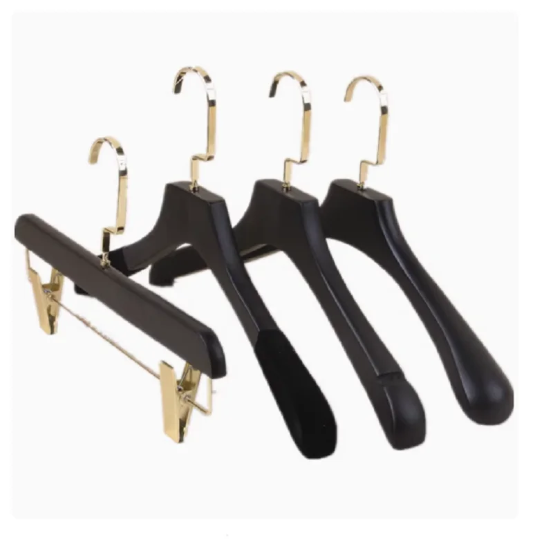 10pcs/lot Black Solid Wood Flocking Clothes Rack Trackless Slip Coat Hanging Wooden Clothing Store Hangers