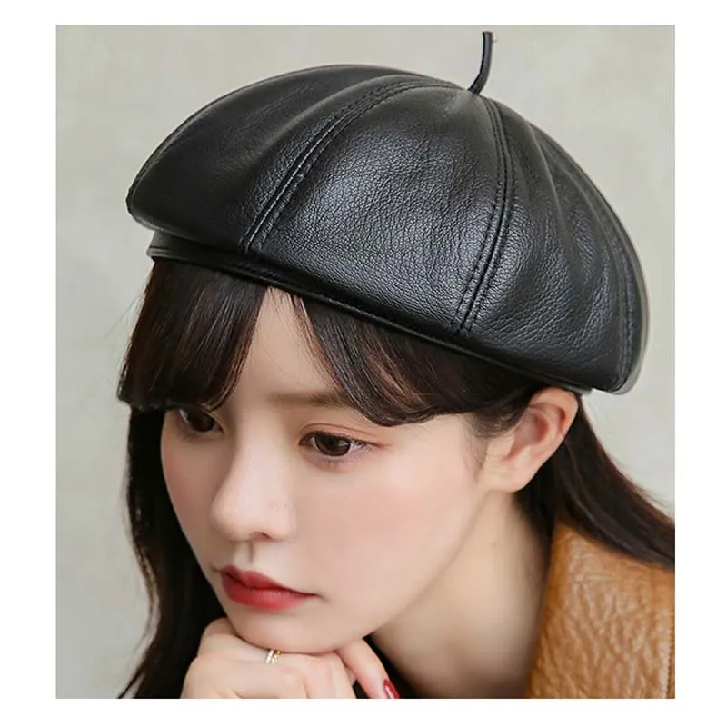 Spring/Winter 100% Real Leather Beret Hat Women Fashion European Pumpkin Painter Caps Female Black/Coffee Thin Boina