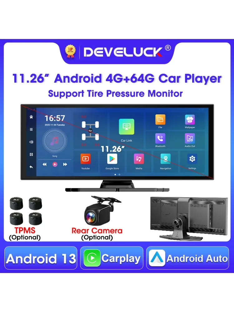 Develuck 11.26 "Android13 4G + 64G lecteur multimédia de voiture Carplay Android Auto 5G WIFI Airplay moniteur prise en charge Youtube Netflix TPMS