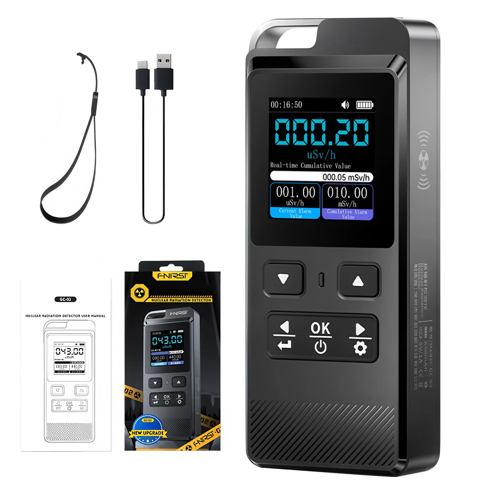 

Geiger Counter Nuclear Radiation Detector Detect Beta Gamma X-Ray with Color LCD Display, Timing Monitoring, 5 Dosage Units