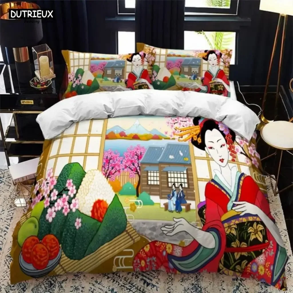 Japanese-Style Duvet Cover Set King Queen Full Size Ukiyo-e Theme Wave Pattern Polyester Bedding Set Fuji Mountain Exotic Style