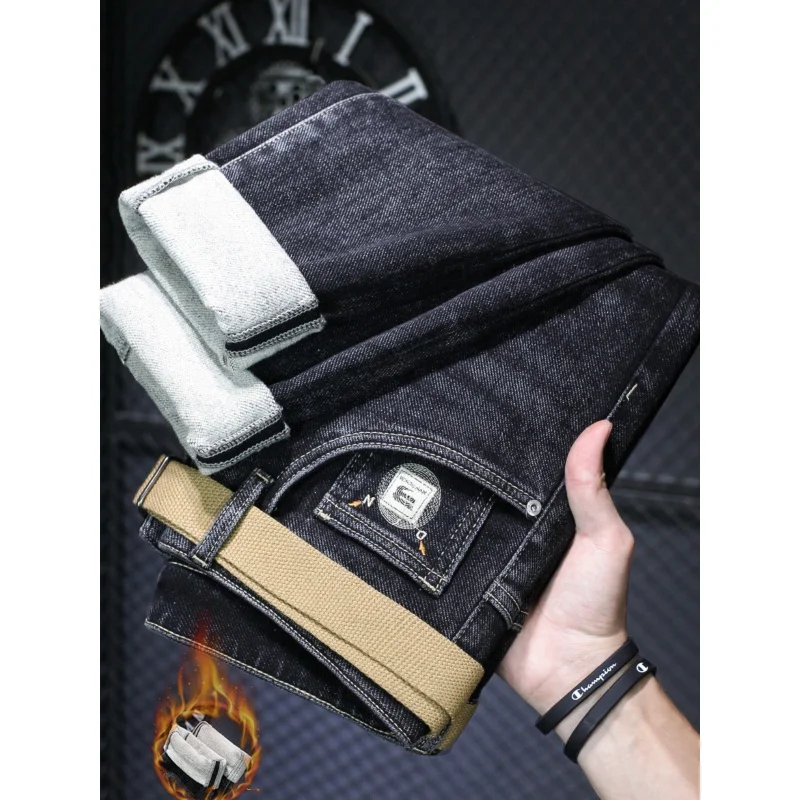 Winter Fleece-Lined Black Jeans Men's Slim Fit Skinny Casual Embroidered High-End Thick Soft Cold-Proof Warm Pants