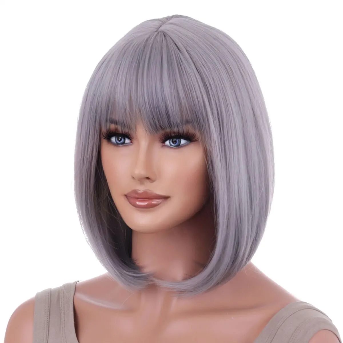 Synthetic Wig Short Platinum Blonde Ombre Wavy Wig Dark Roots with Bangs for Women Shoulder Length Natural Looking Daily Use