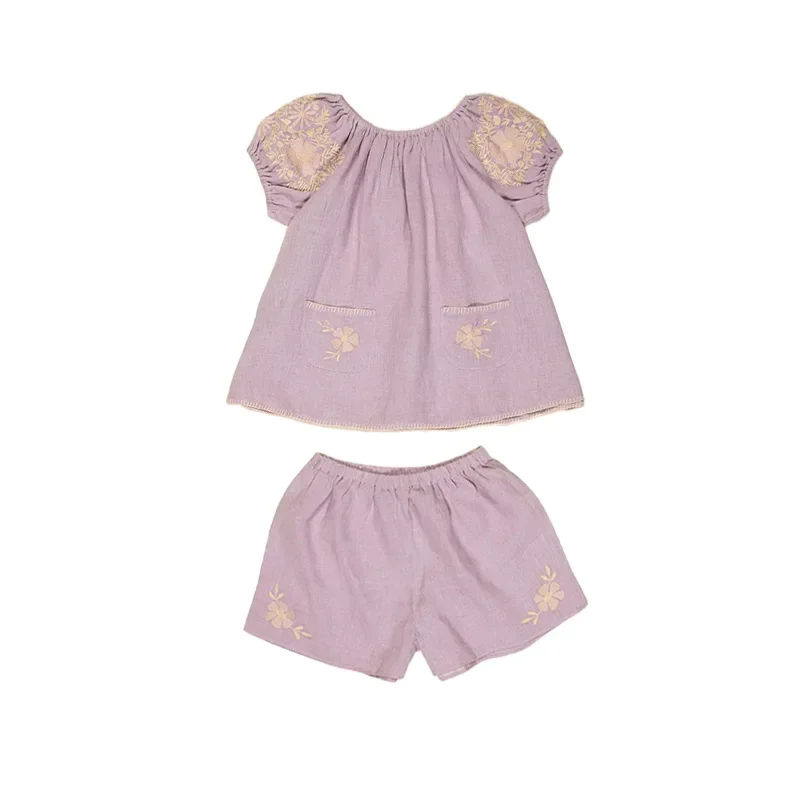 2025 Summer Apo Kids Set New Girl Countryside Style High Ding Heavy Industry Pulling Top Shorts Two Piece Set