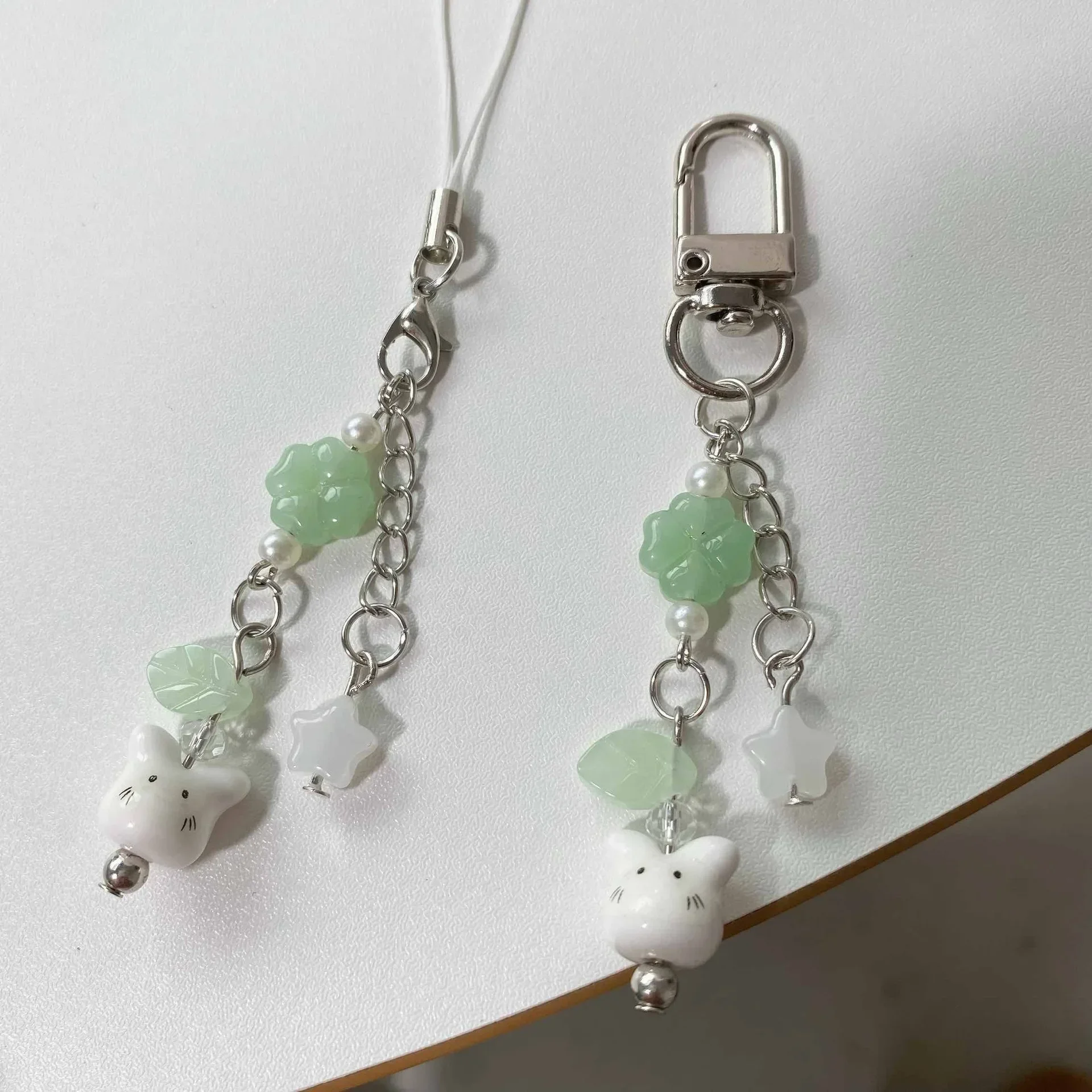 Handmade Four Leaf Clover Beaded Phone Charm Y2K Cute Ceramics Cat Backpack Keychain Bag Key Ring for Girls Christmas Gift