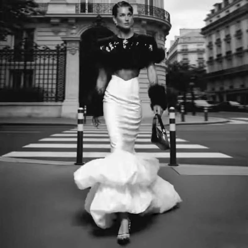 

New Arrival White Mermaid Skirt High Waist Tiered Taffeta Evening Formal Skirt Customized Long Layers Women Skirt Prom Gown