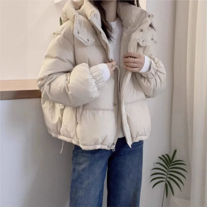 Casual Warm Hooded Cotton Jacket Women's Winter Loose Versatile Zipper Pocket Long Sleeve Solid Color Fashion Outwear