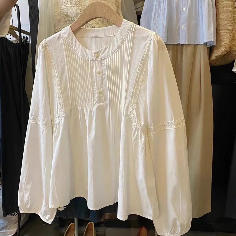 

French Lace Stitching Pleated White Shirt Blouse Women's Lantern Sleeve O-Neck Pullover Top Casual Bohemian Holiday Beach Tops