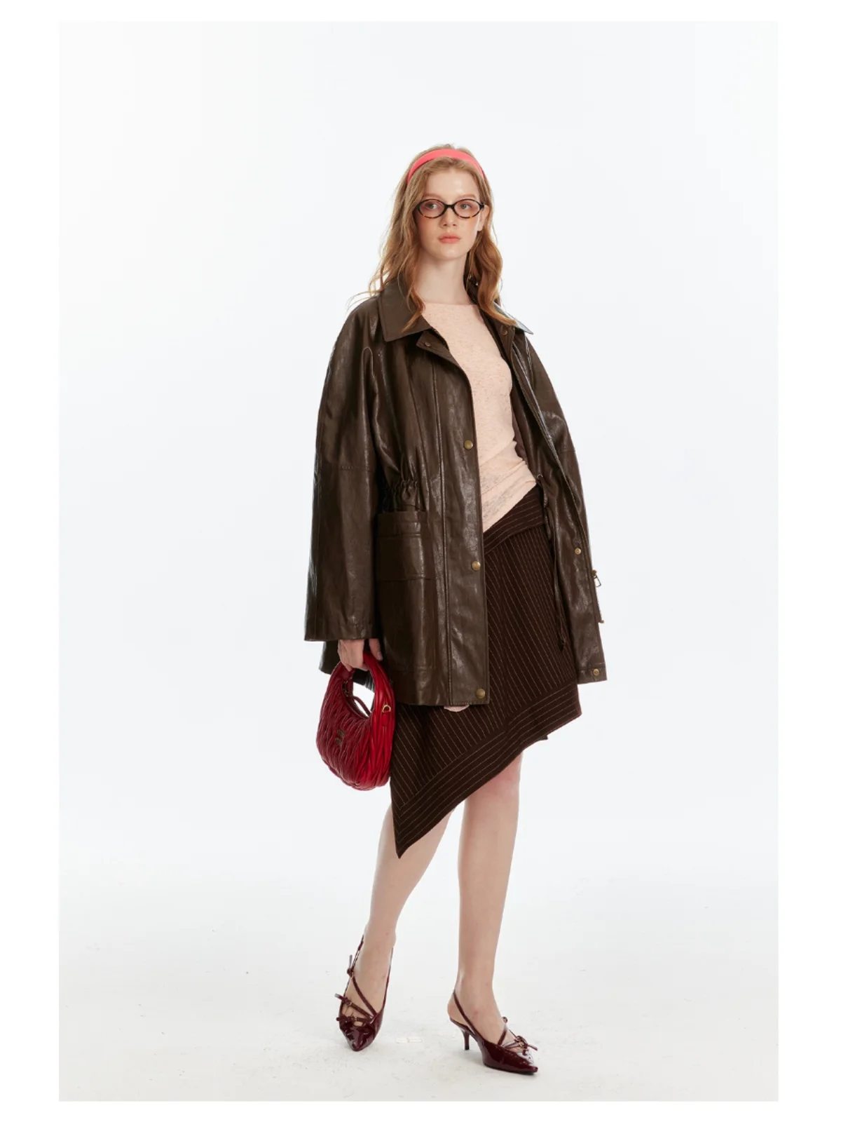 Tee Good Leather Jaet with Waist Cord And Large kets Women's ort Coat Polyurethane Elastic Fiber Cotton Metal Fiber