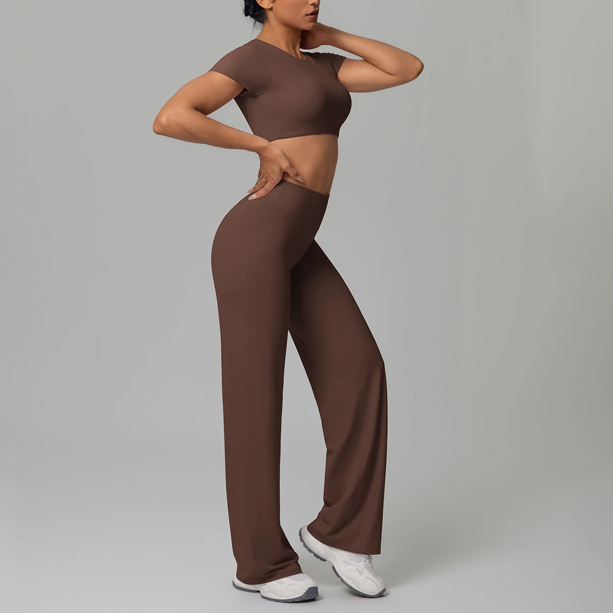 Women Quick Drying Yoga Pants and T-Shirt Set Gym Sports Slim Short Sleeve High Waisted Loose Outdoor Running Wide Leg Pants Set