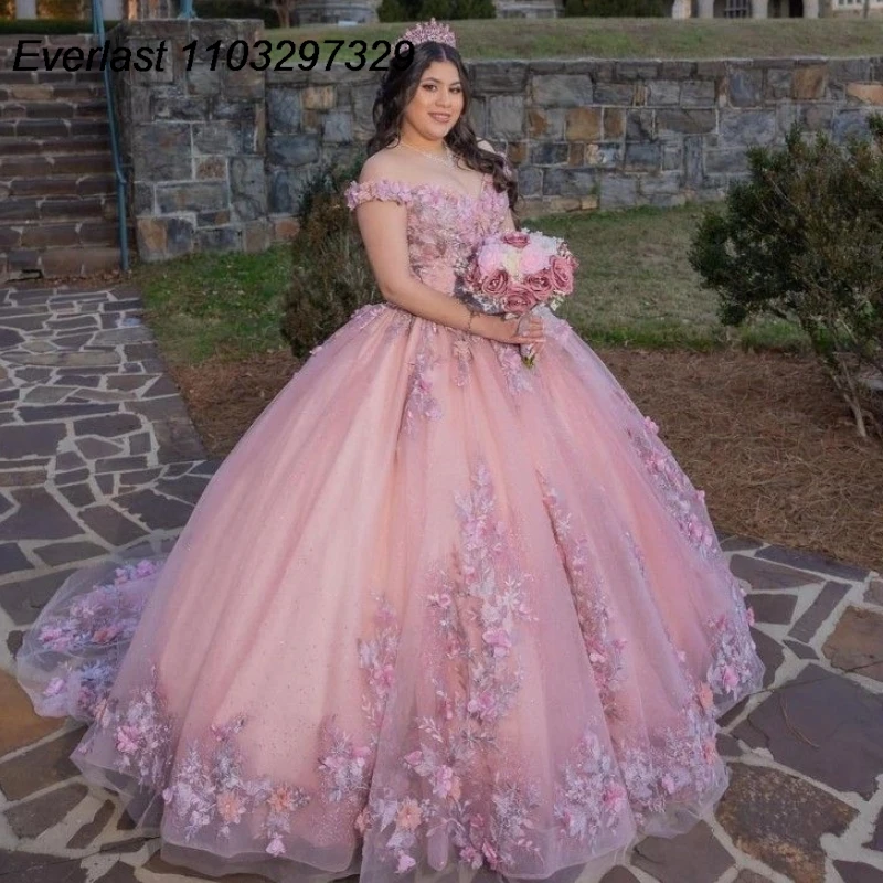 

EVLAST Shiny Pink Quinceanera Dress Ball Gown 3D Floral Applique Beading Crystals Corset Sweet 16 Vestidos De XV 15 Anos TQD670