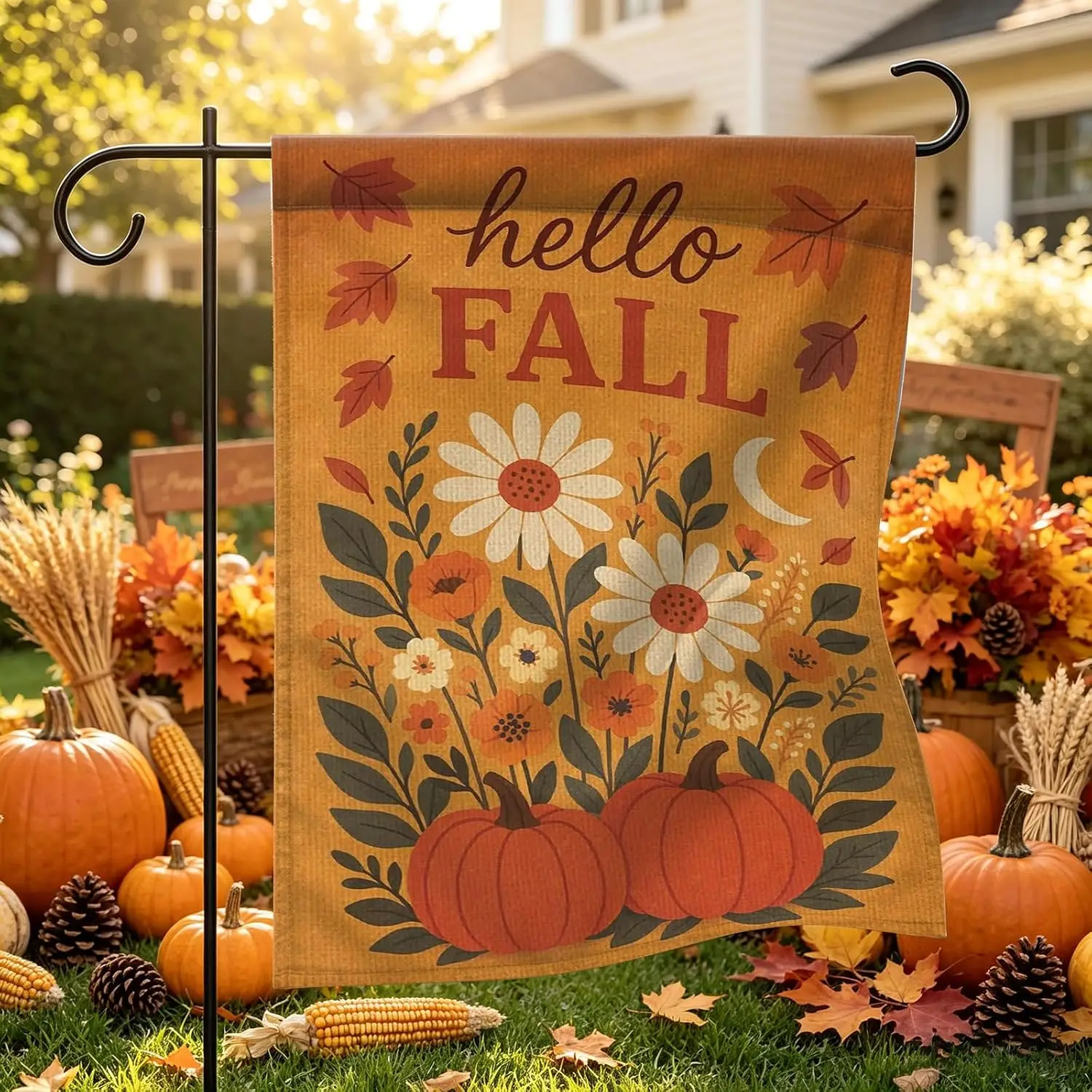 Hello Fall Garden Flag 12x18 Inch Pumpkin Daisy Autumn Decor Yard Flag yyi