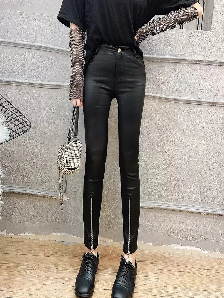 Women Sexy Skinny Pants Spring Summer High Waist Casual Black Trousers Button Fly Streetwear Personality Zipper Pencil Pants