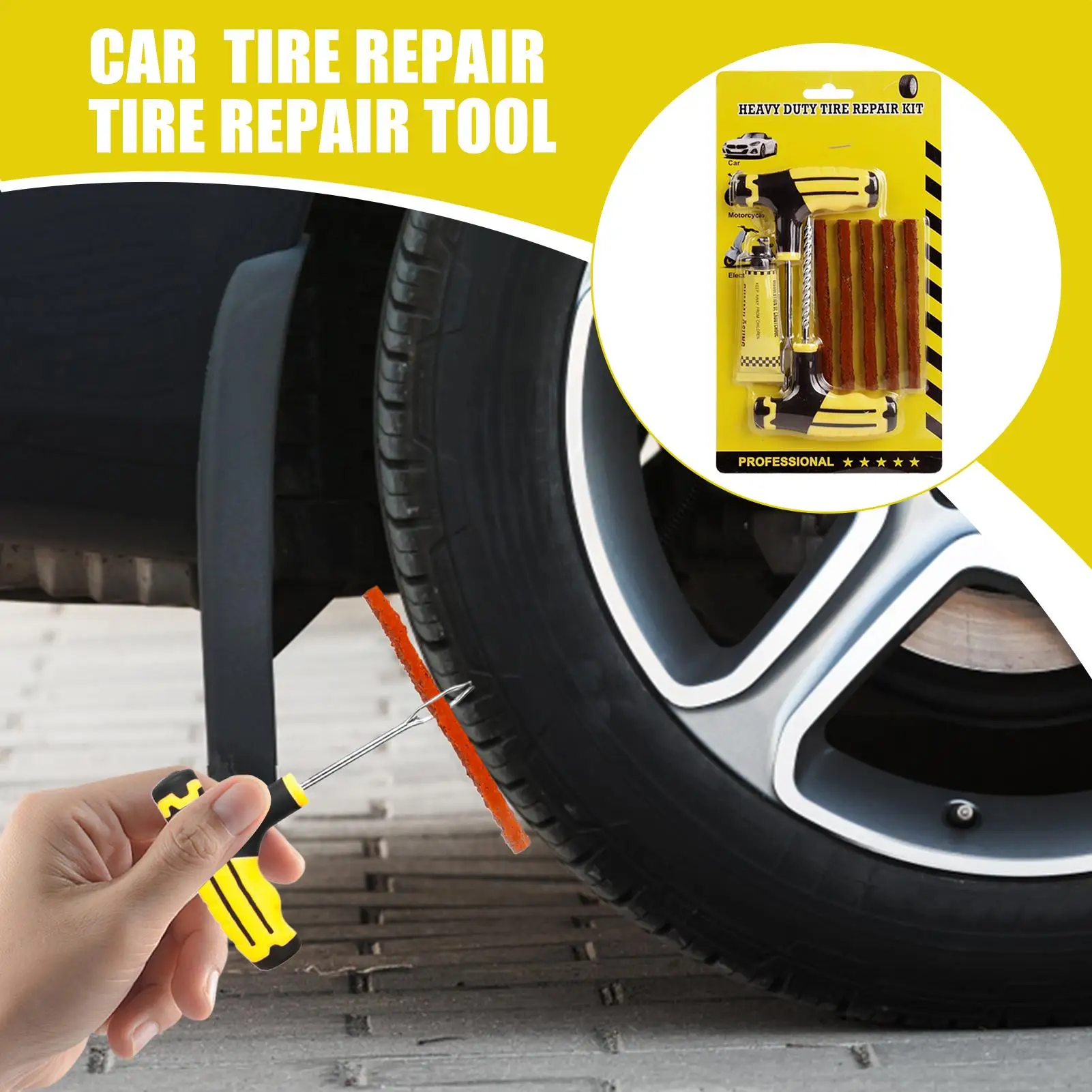

Tire Repair Kit With Plugs Car Plug Flats Patch Kit Fix Puncture Heavy Duty Fix Tools With T-Handle Portable Auto Accessories