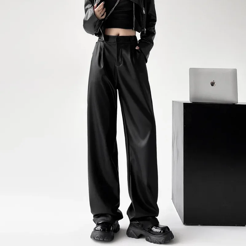 Straight Leather Pants Women High Waist PU Leather Trousers Baggy Black Female Streetwear Clothing New Fashion Ladies Korean Y2k