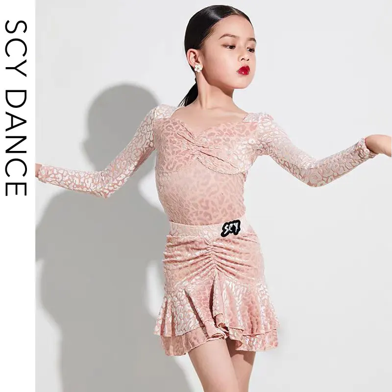Roupas infantis de dança latina SCY Premium – Novo design de veludo estampado para treinamento profissional e conjunto de desempenho