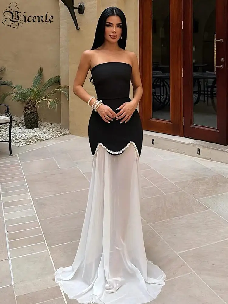 

VC Elegant Black White Strapless Maxi Dress Set For Women Bandage Pearl Patchwork Mesh Skirt Sexy Bodycon Party Two Pieces Set