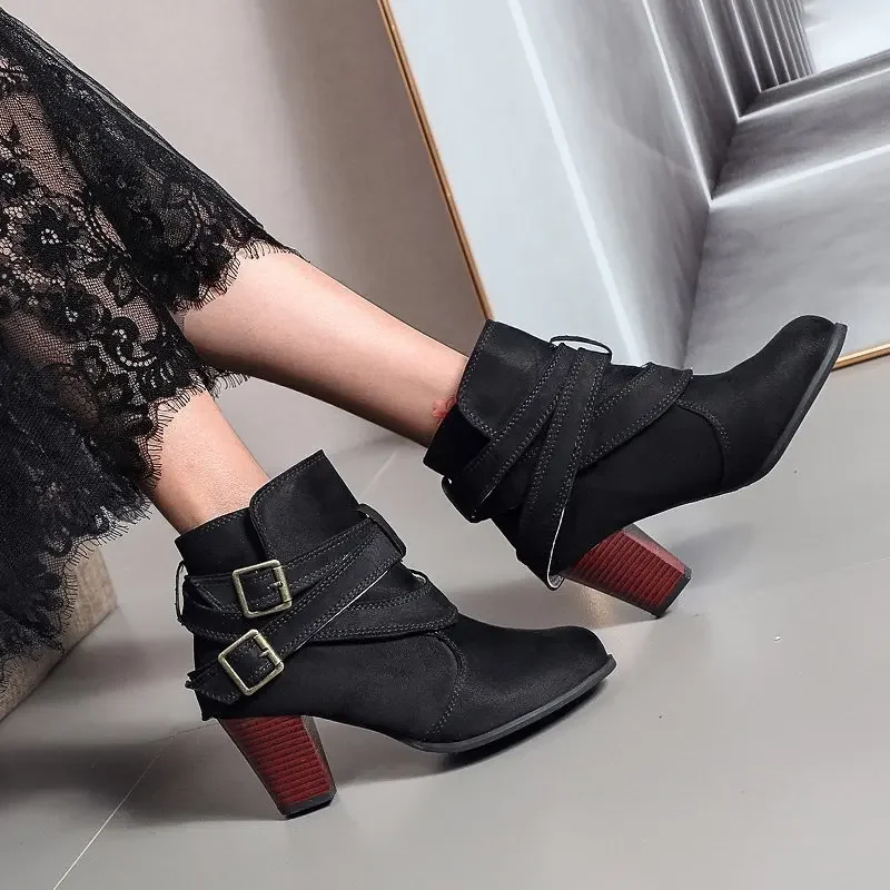 Vintage Women Ankle Boots Chunky High Heels Boots Buckle Rubber Casual Ladies Shoes Female Chelsea Short Boots Shoes Large Size