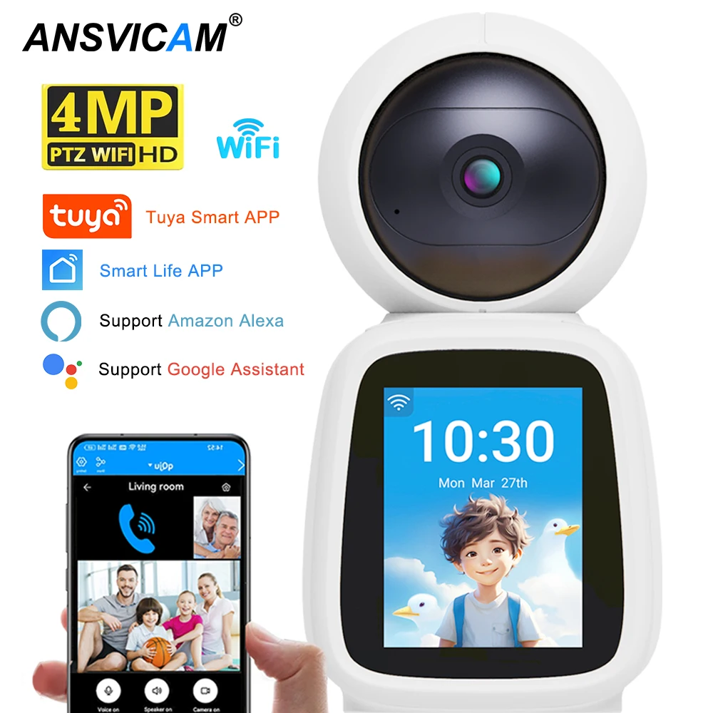 

ANSVICAM 4MP WIFI Camera PTZ Indoor TUYA Two-way Voice and Video Call with Screen Mobile Detection Security Camera Smart life