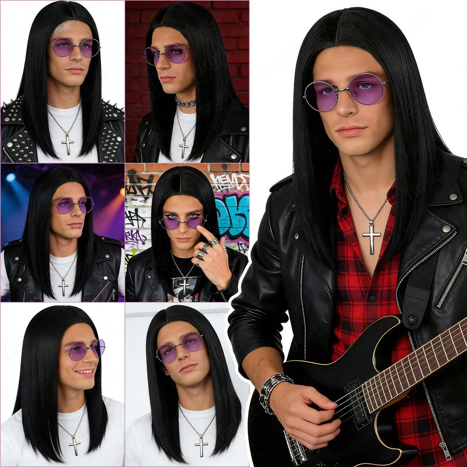 Synthetic Long Black Straight Wig for Men+Cross Necklace and Purple Glasses 18