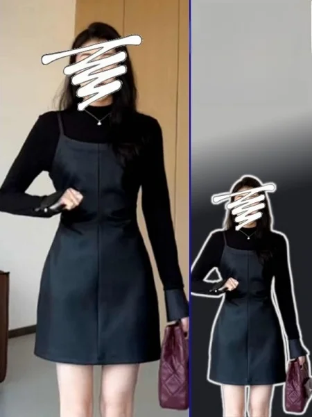 

plus Size Conceal Meat Slimming Long Sve Dr Spring Design Sense Splicing Fake Two-Piece Extremely Attractive Leather Skirt