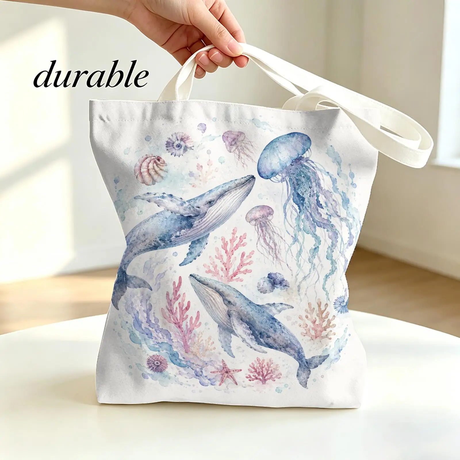 Watercolor Ocean Life Storage Bags Canvas Tote Bag Large Capacity Shoulder Bag Eco-Friendly Reusable Casual Handbag