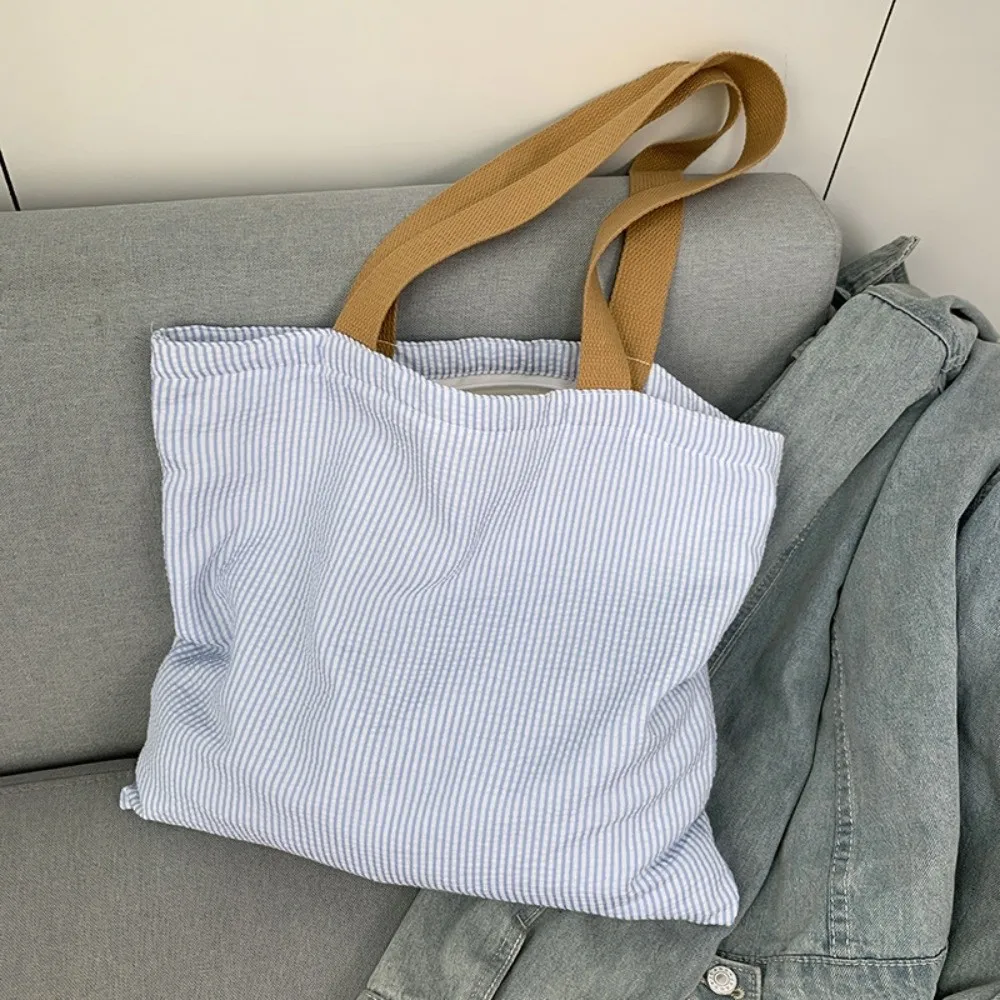 Stripe Contrast Color Canvas Shoulder Bag Large Capacity Vintage Style Zipper Handbags Patchwork Simple Design Shopping Bag