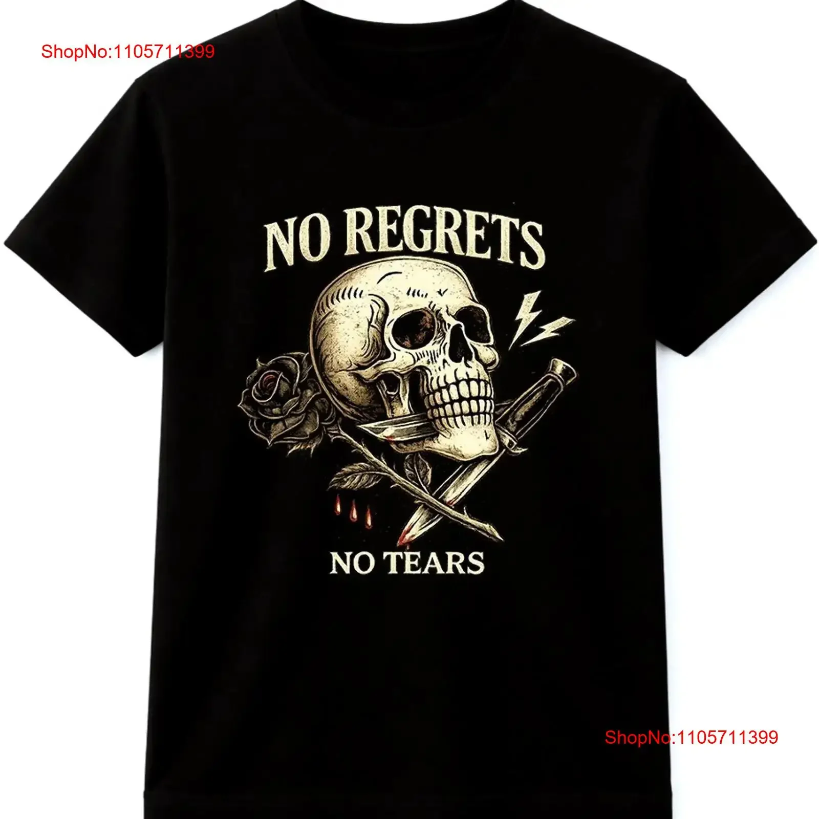 Skull T Shirt No Regrets Tears Biker Gothic Vintage long or short sleeves vintage Washed Breathable designer clothes Unisex